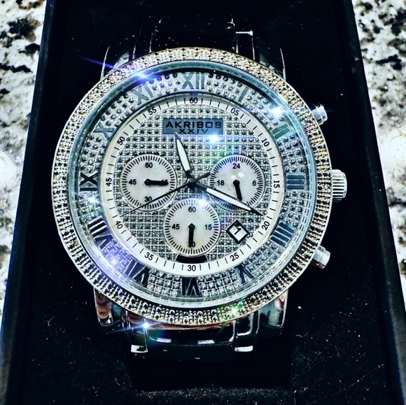 Akribos XXIV Silver and Black Chronograph Watch 2ct Genuine Diamonds - Picture 2 of 11